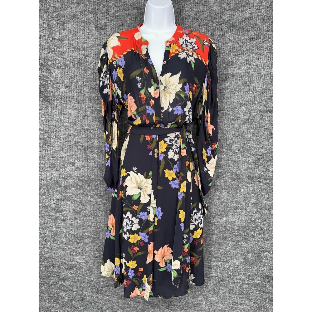 Kobi Halperin Shirt Dress Womens M Multicolor Floral Belted Long Sleeve Midi